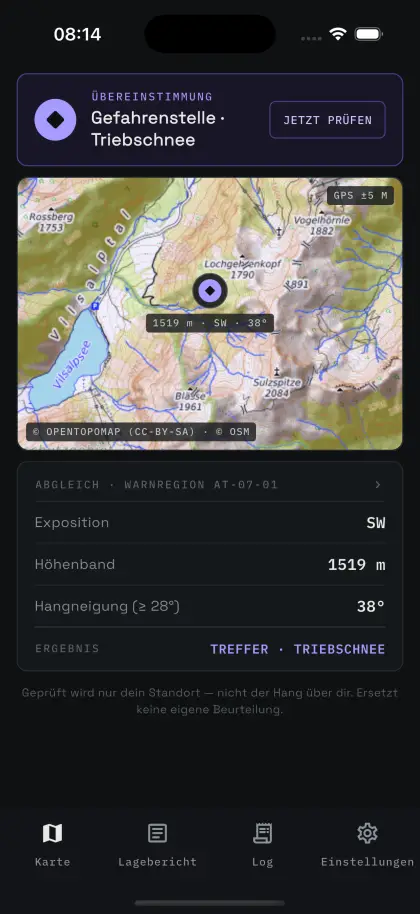 Startbildschirm der App mit einer gemeldeten Übereinstimmung: Exposition, Höhenband und Hangneigung am Standort passen zu einer Gefahrenstelle des Lageberichts.