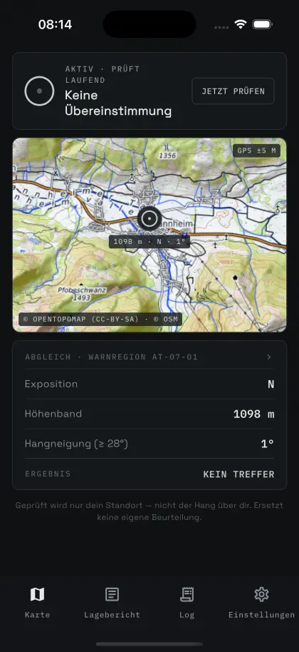 Startbildschirm der App im Zustand „keine Übereinstimmung“ mit den gemessenen Geländewerten.